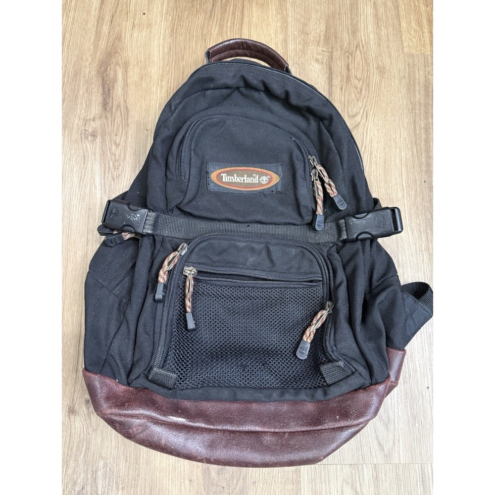 Vtg Timberland Black Backpack Daybag Hiking Travel School Brown Leather Bottom